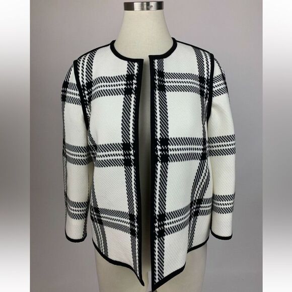Anne Klein Ivory Black Plaid Modern Collarless Blazer Jacket size 6 Beautiful - Picture 1 of 7